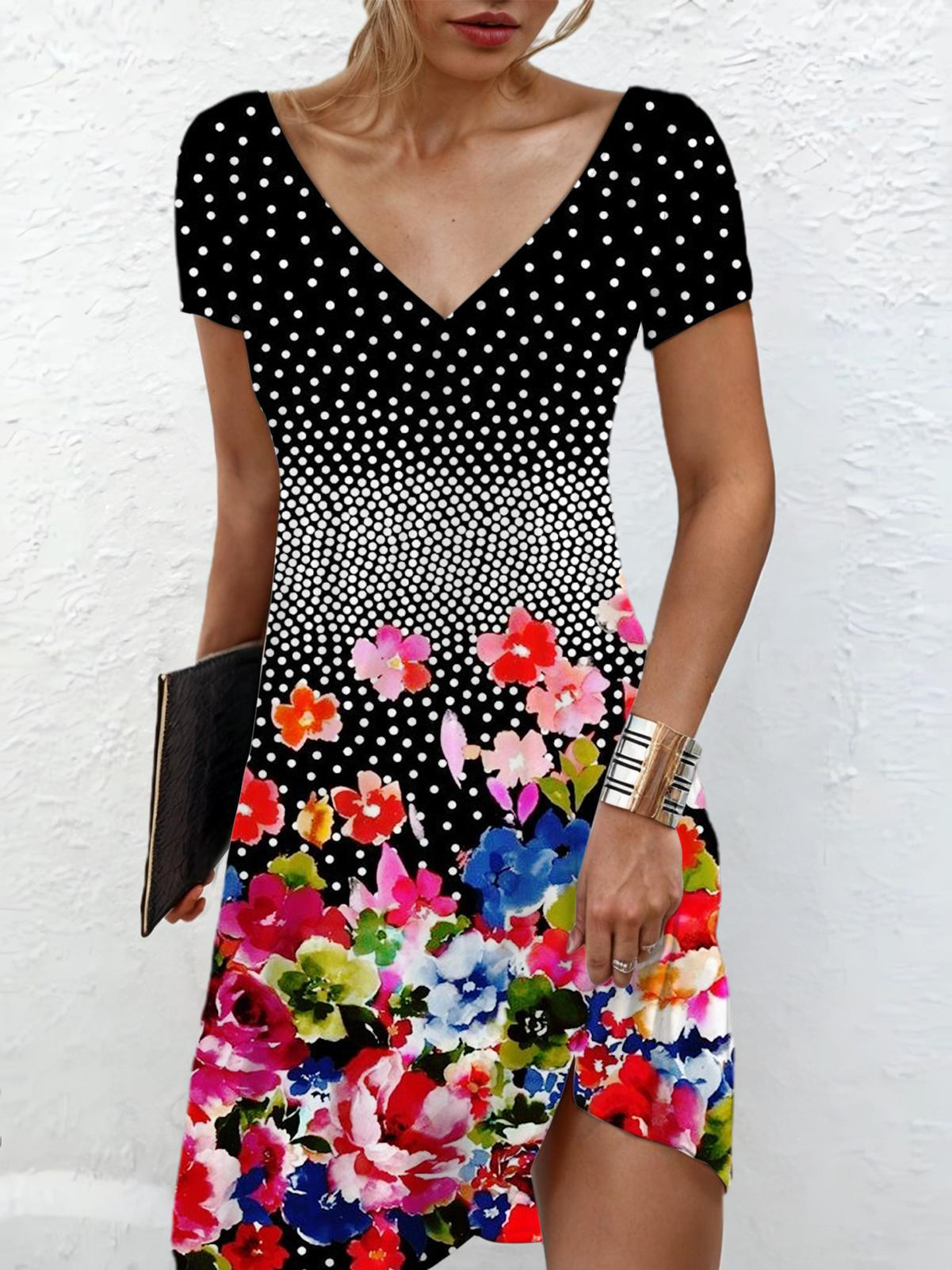 Gradient Polka Dot Flowers V Neck Short Sleeve Dress