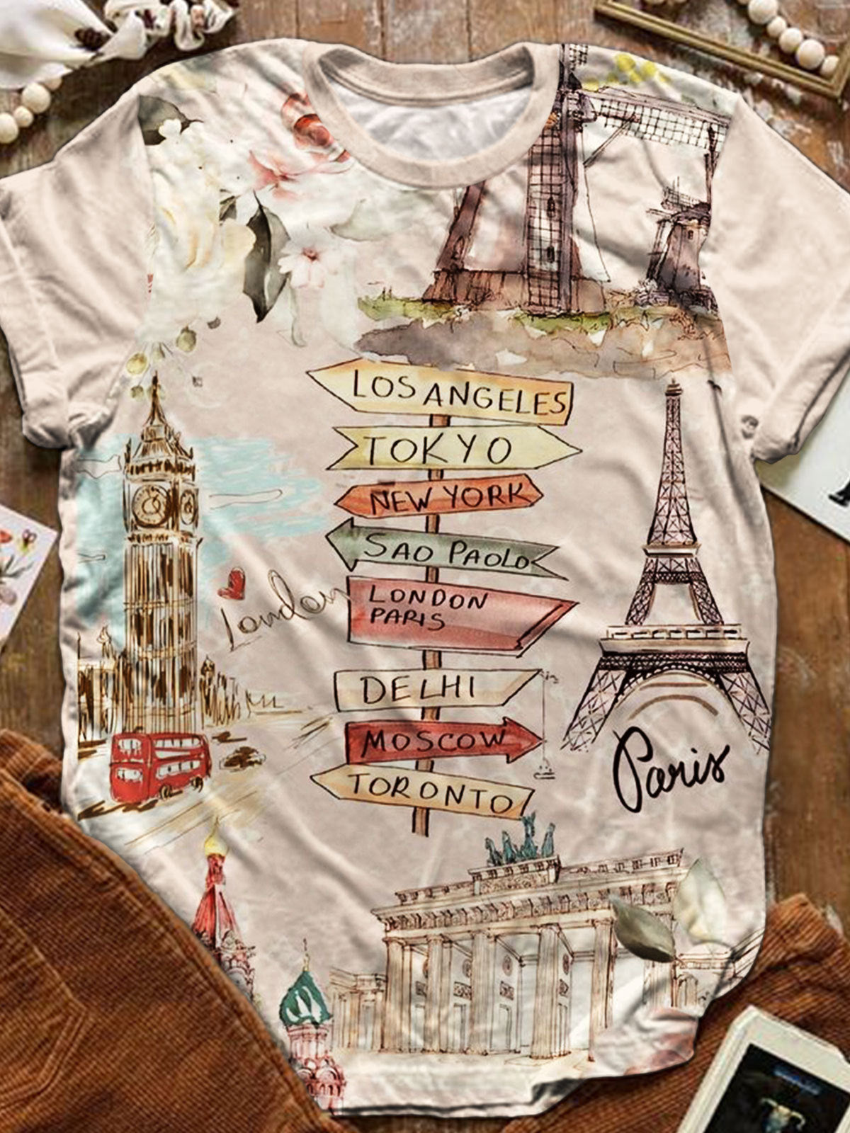 Travel Landmark Print Casual Top