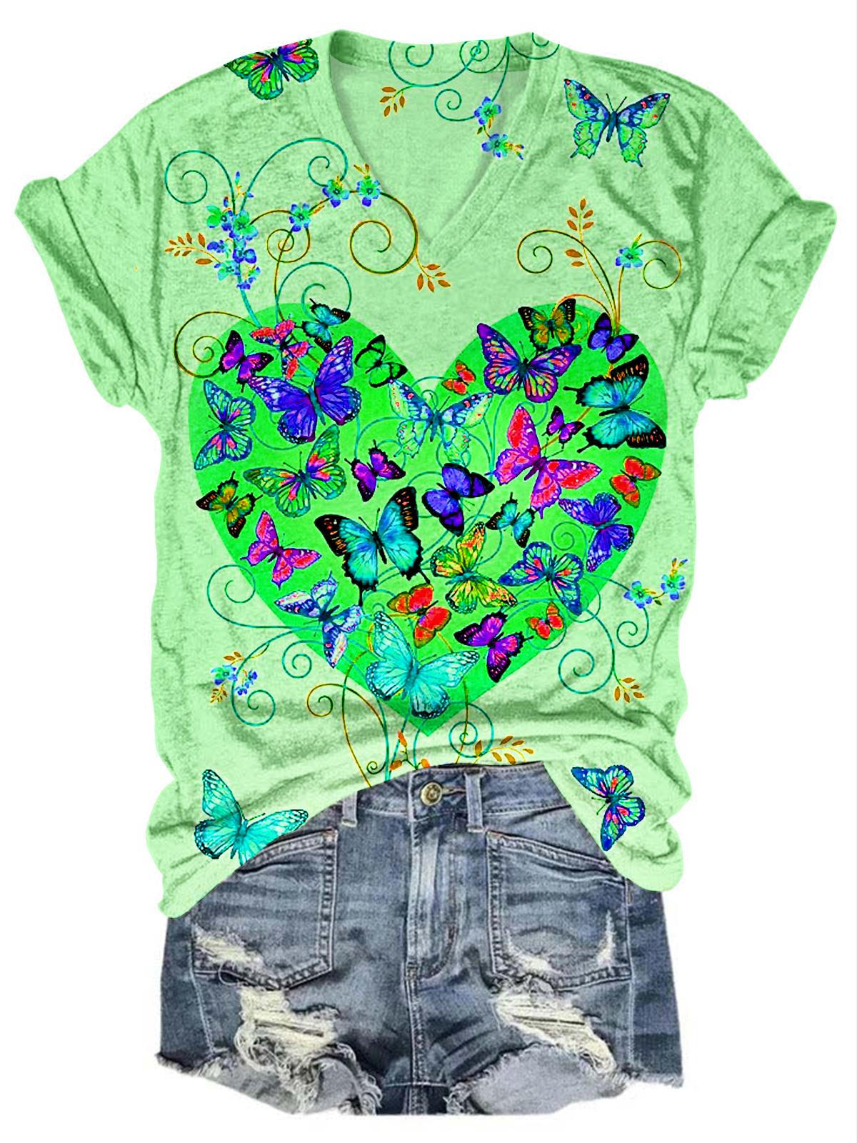 Butterfly Heart Print Casual V Neck T-Shirt