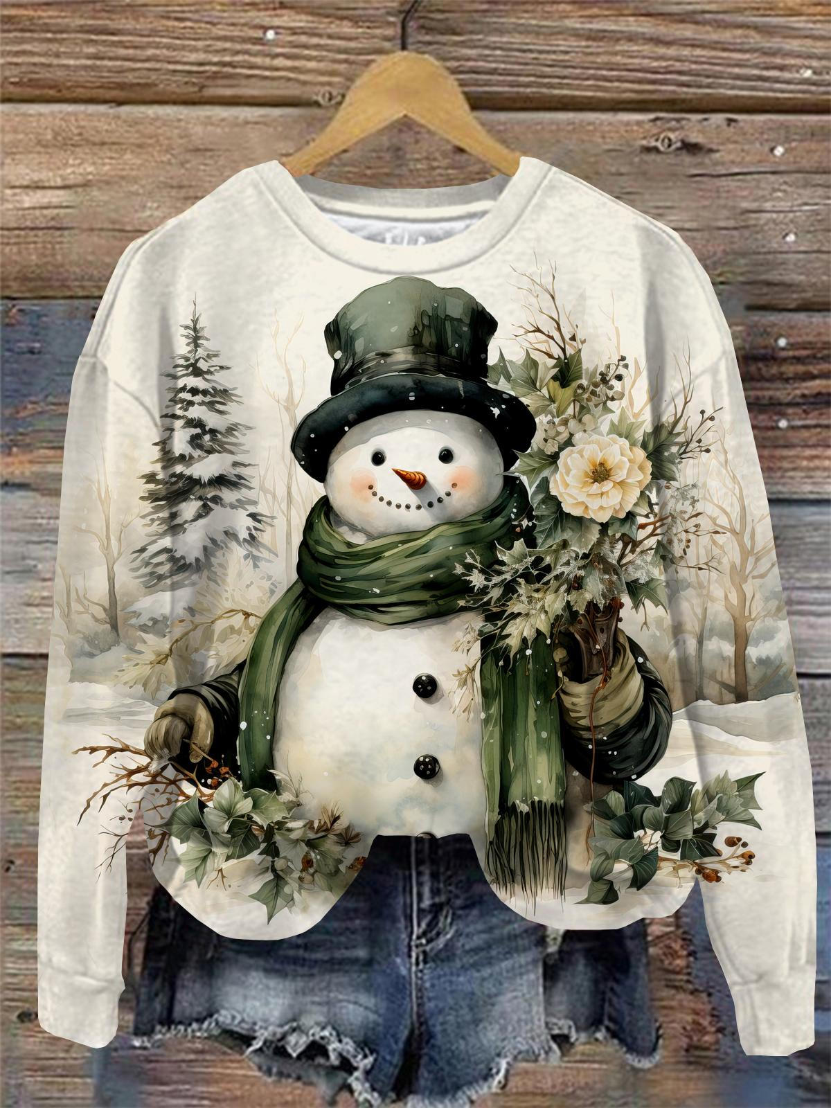 Women's Vitange Snowman Print Round Neck Long Sleeve Top