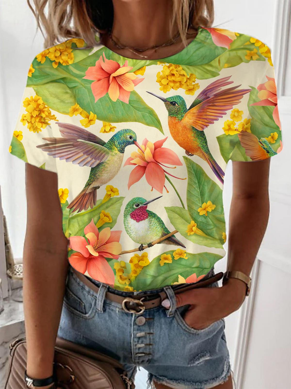 Tropical Florals Hummingbirds Crew Neck T-shirt