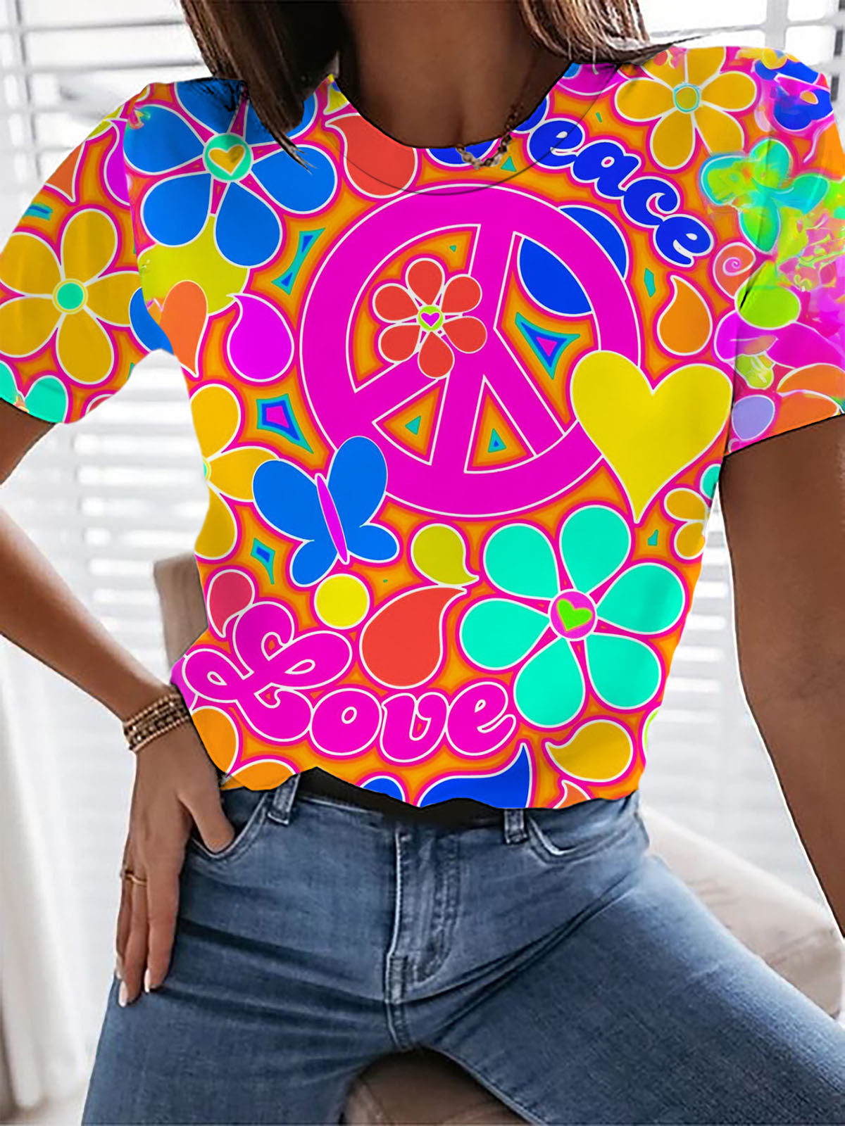 Colorful Peace and Love Short Sleeve Crew Neck T-Shirt