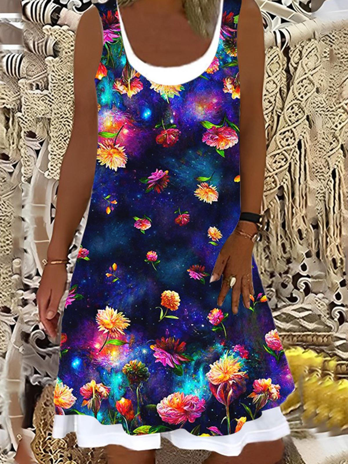 Starry Flower Print False Two Dress