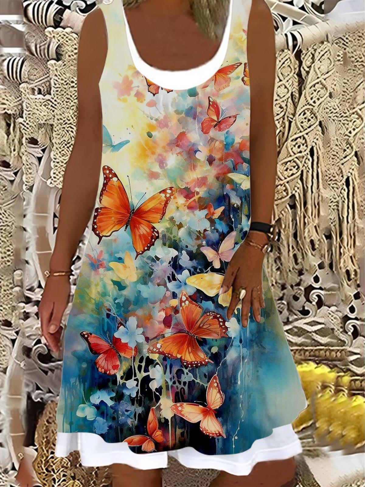 Ladies Butterfly Print Splicing Dress