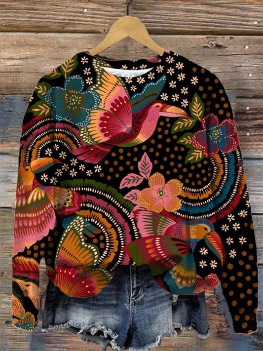 Women's Ethnic Art Print Round Neck Long Sleeve Top