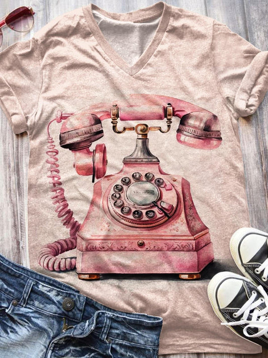 Pink Vintage Telephone Print V-Neck Top