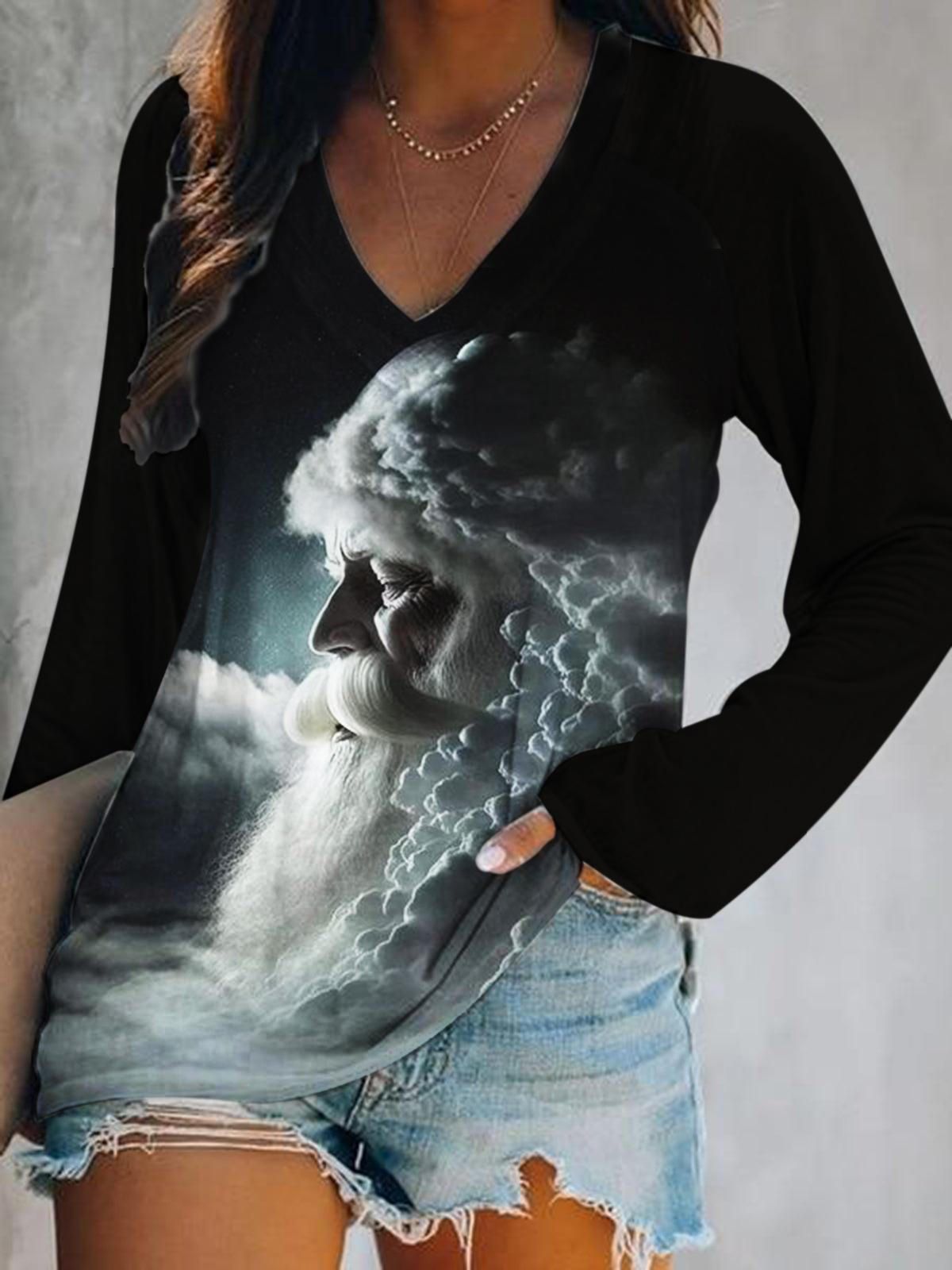 Art Santa Print V-Neck Top