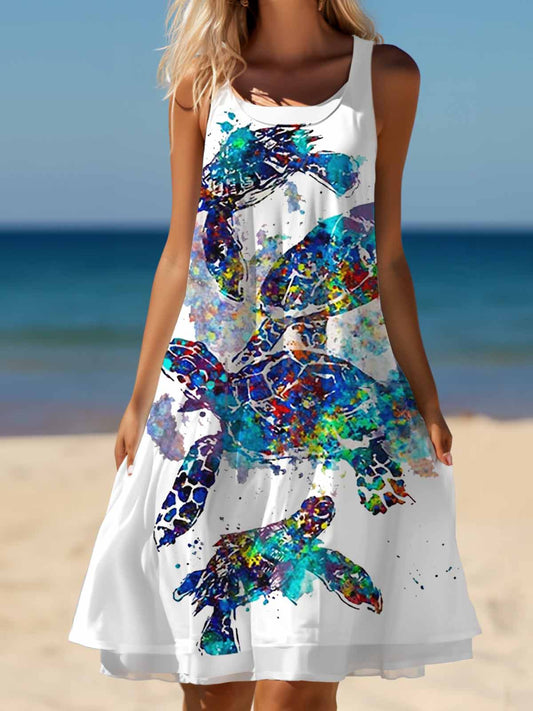 Turtle Watercolor Art Ladies Splicing Dress