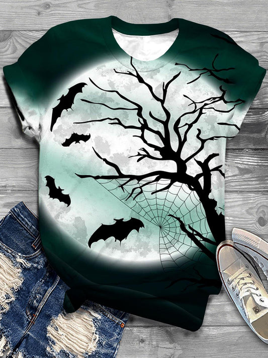 Darkness Bat Dead Tree Spider Web Moon Crew Neck Multicolor T-Shirt