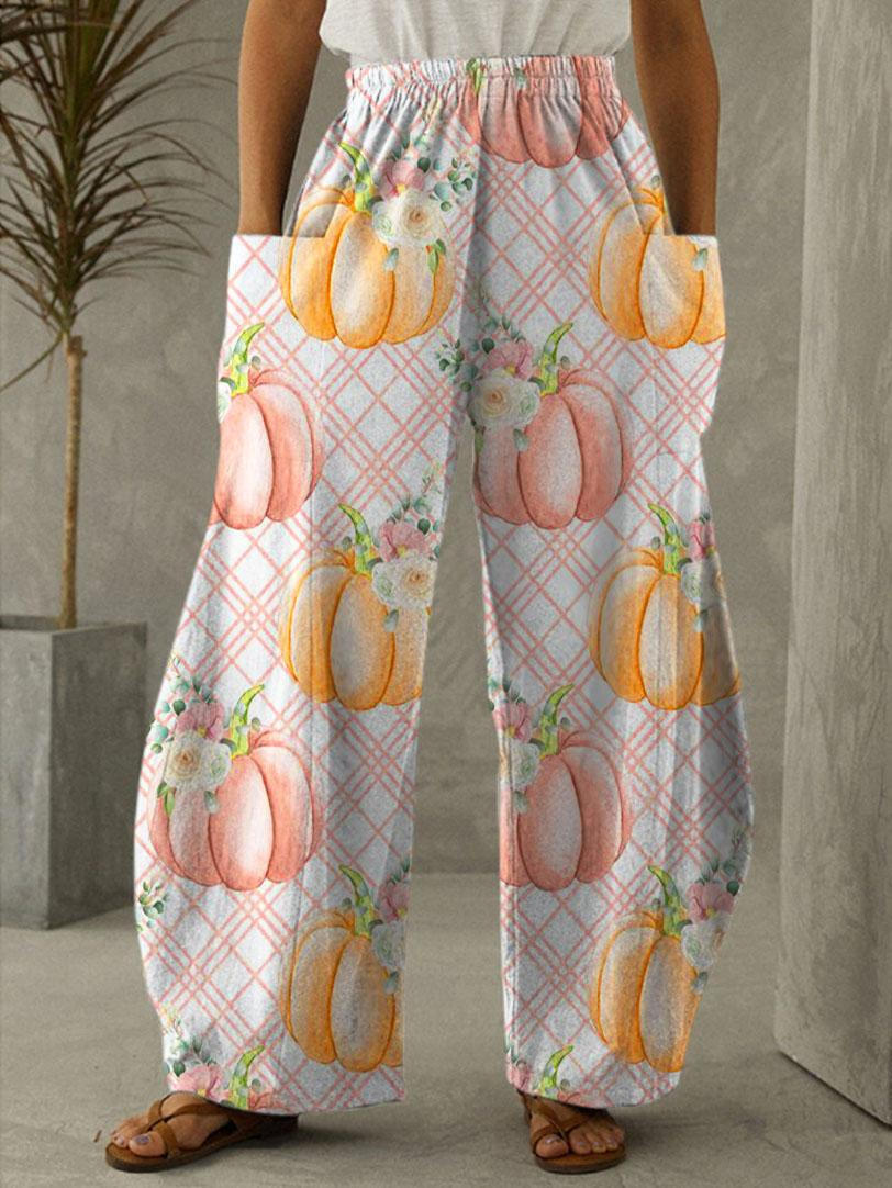 Plaid Pink Pumpkin Print Casual Pants