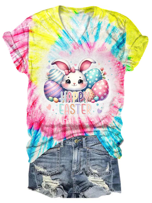 Happy Easter Print V-Neck Short Sleeve T-Shirt