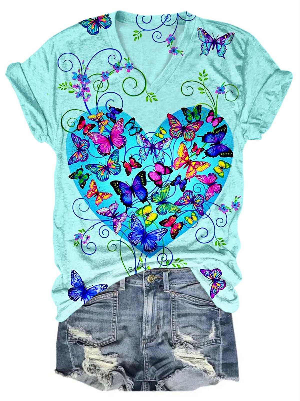 Butterfly Heart Print Casual V Neck T-Shirt