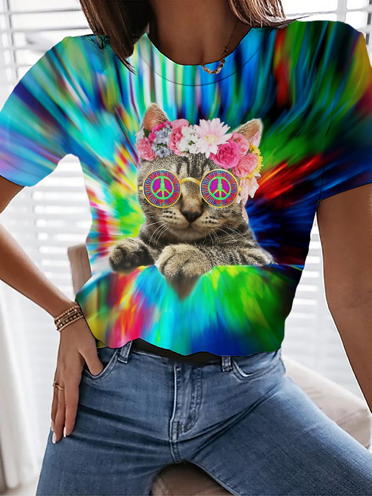 Cat Wearing Glasses Crew Neck T-shirt