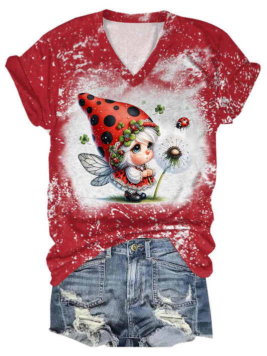 Ladybug Gnome Print V-Neck Short Sleeve T-Shirt