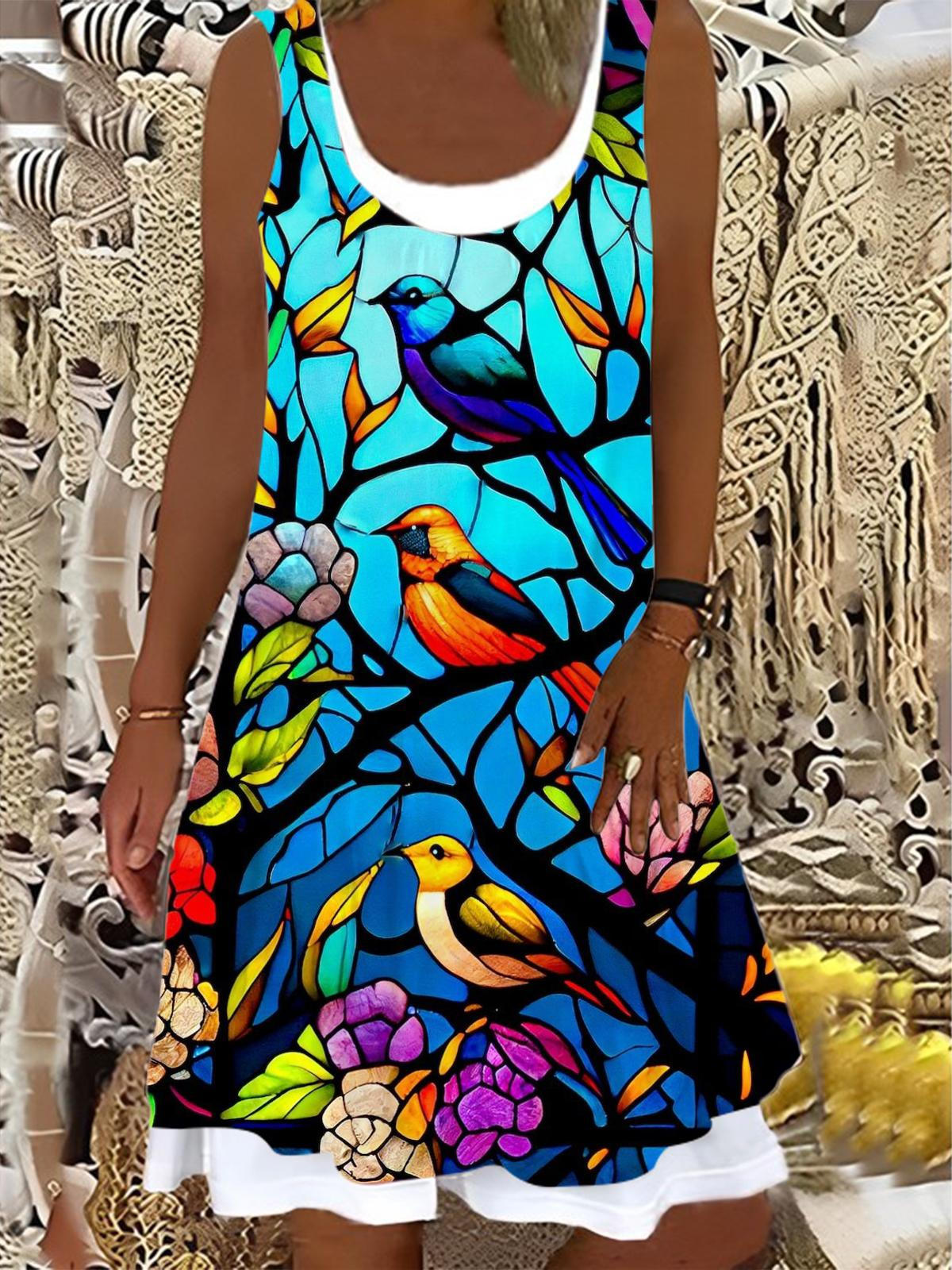 Ladies Birds And Flower Splicing Print Dress