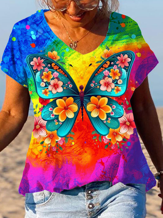 Women's Colorful Butterfly Print V-Neck Top