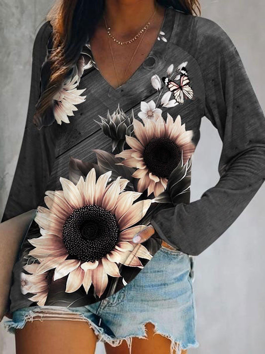 Women's Sunflower Print V-Neck Long Sleeve Top