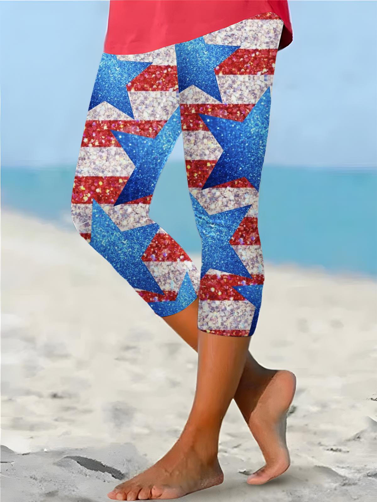 Red Blue Star Stripes Print Stretch Leggings