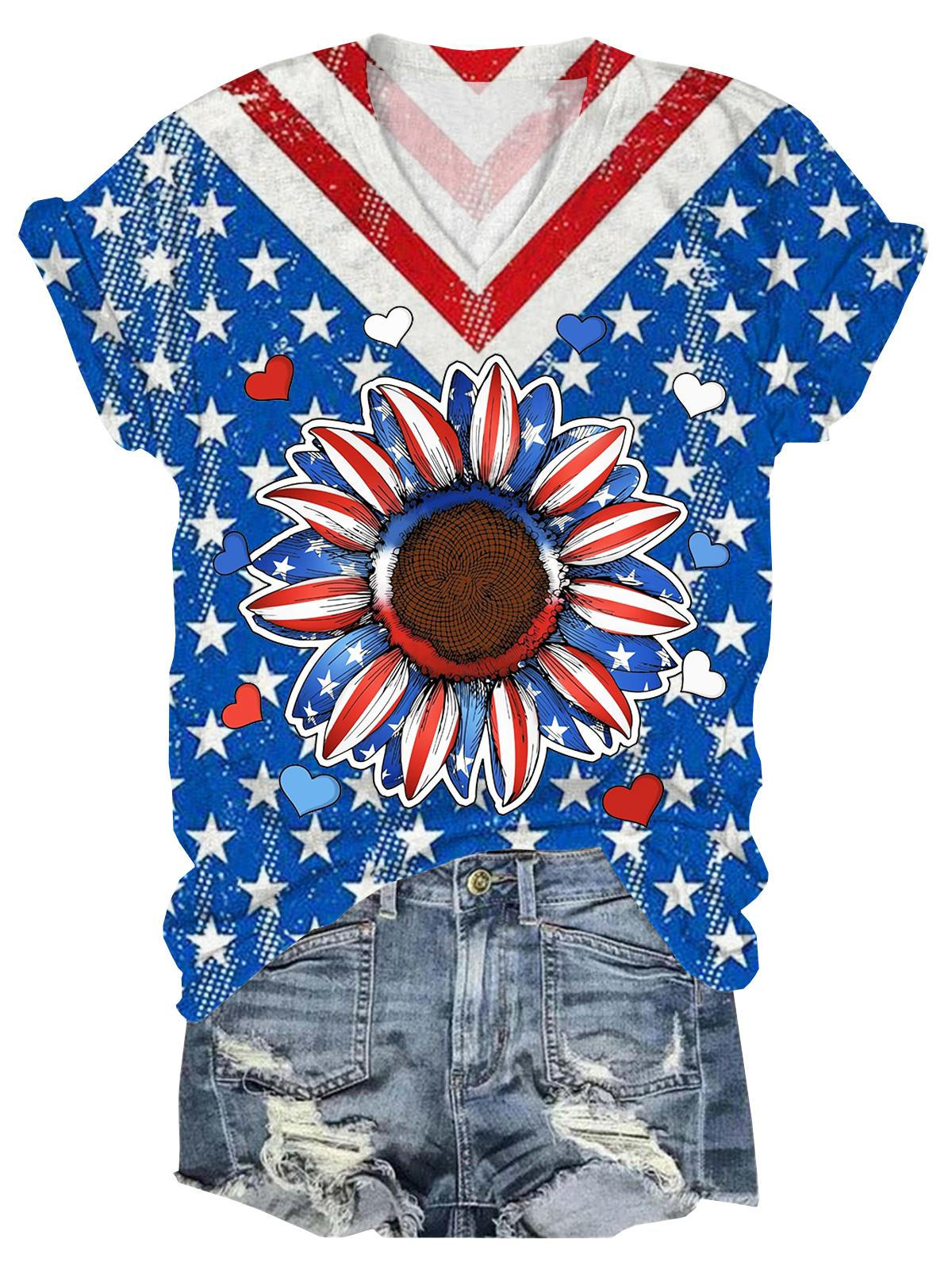 Patriotic Sunflower V-Neck Short Sleeve T-Shirt