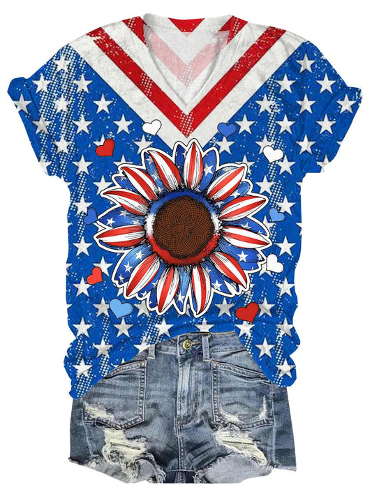 Patriotic Sunflower V-Neck Short Sleeve T-Shirt