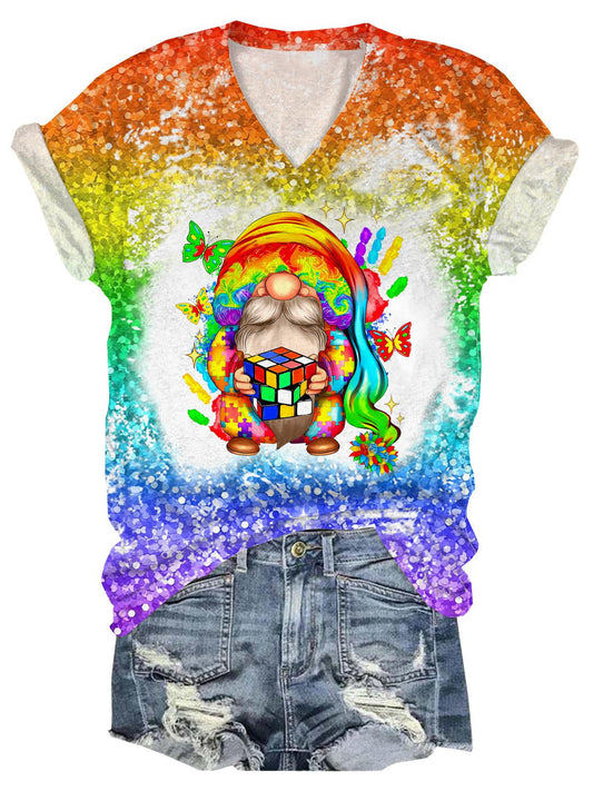 Autism Gnome Print V-Neck Short Sleeve T-Shirt