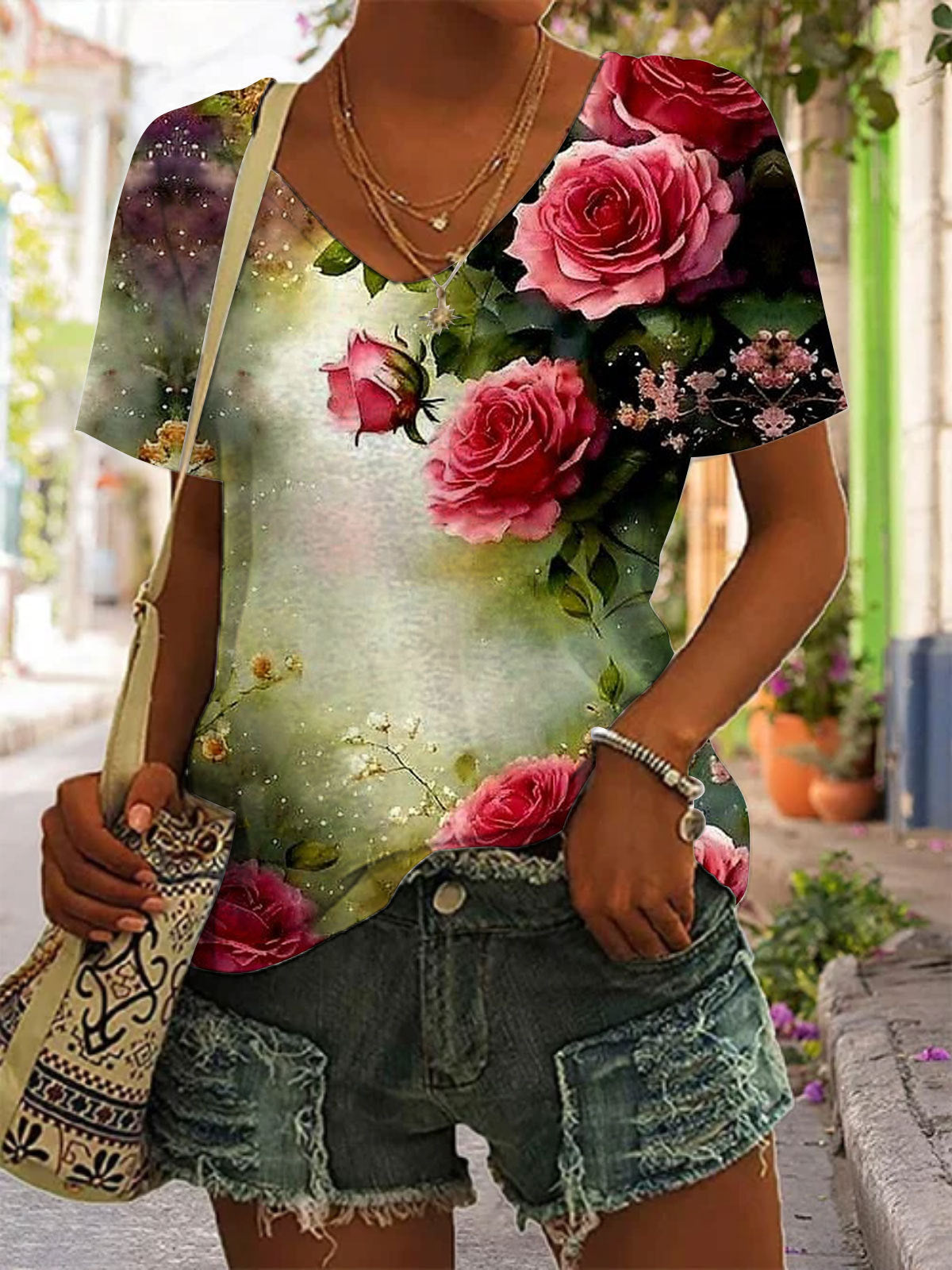 Women's Rose Floral Print Casual Top