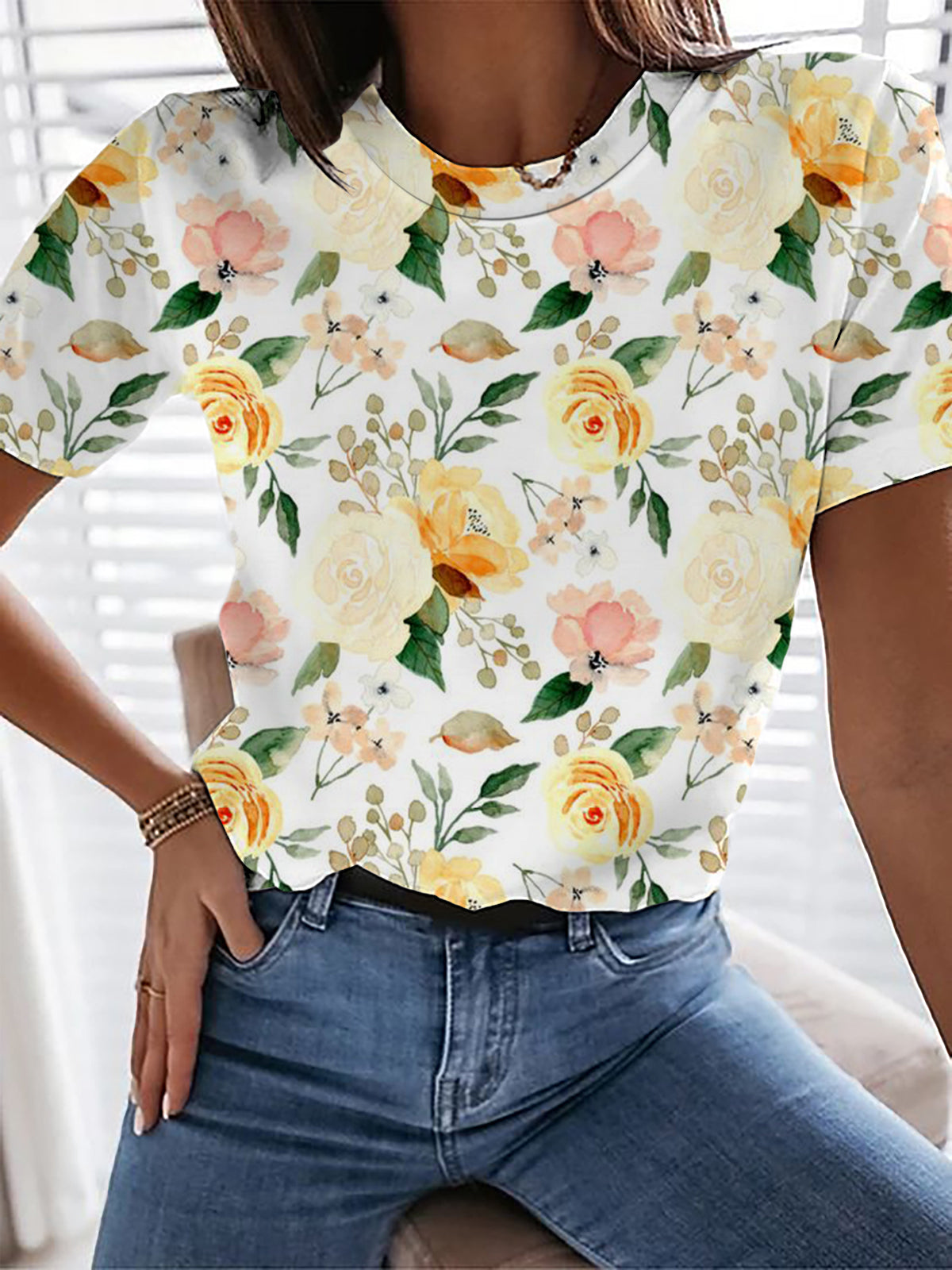 Watercolor Yellow Flower Crew Neck T-shirt