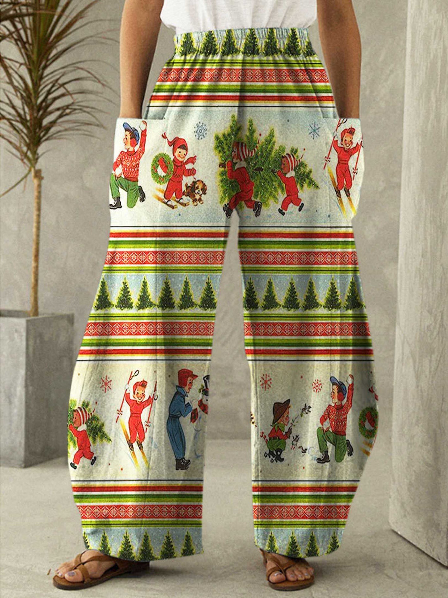 Retro 50s Winter Scene Striped Print Casual Pants