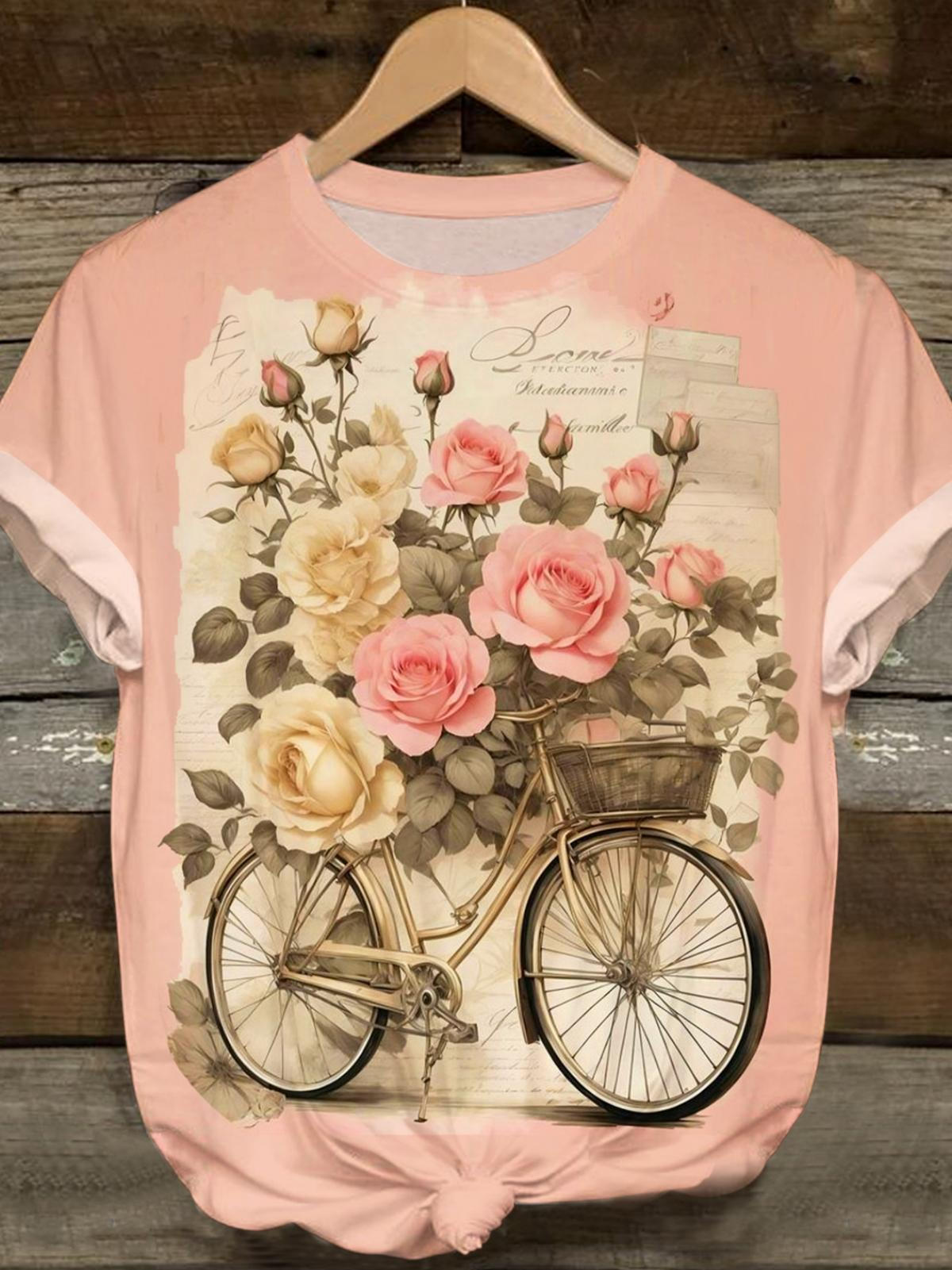 Vintage Rose Bike Crew Neck T-shirt