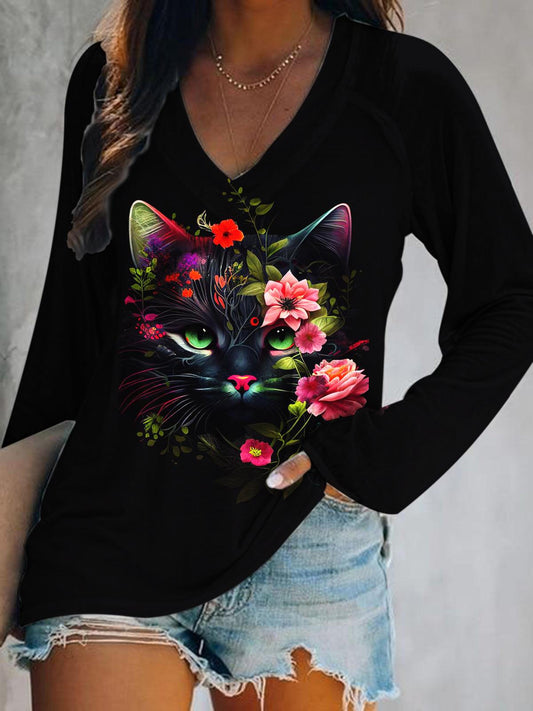 Women's Floral Black Cat Print V-Neck T-Shirt
