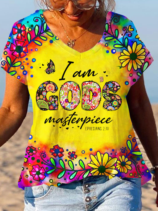 I am God's Masterpiece Print V-Neck Short Sleeve T-Shirt