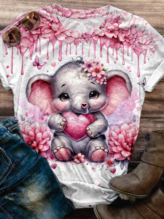 Pink Flower Baby Elephant Crew Neck T-shirt