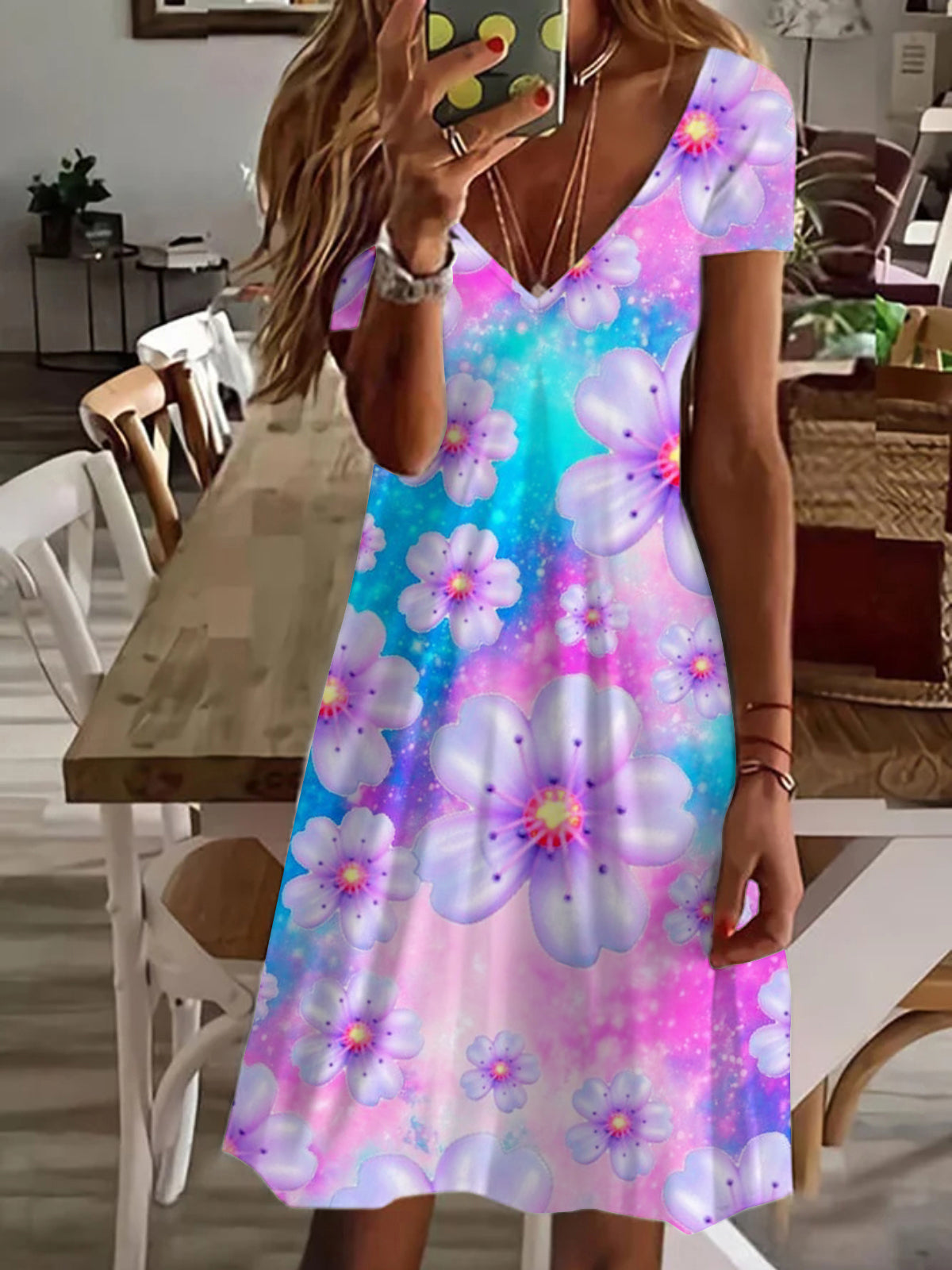 Gradient Flower V Neck Short Sleeve Dress