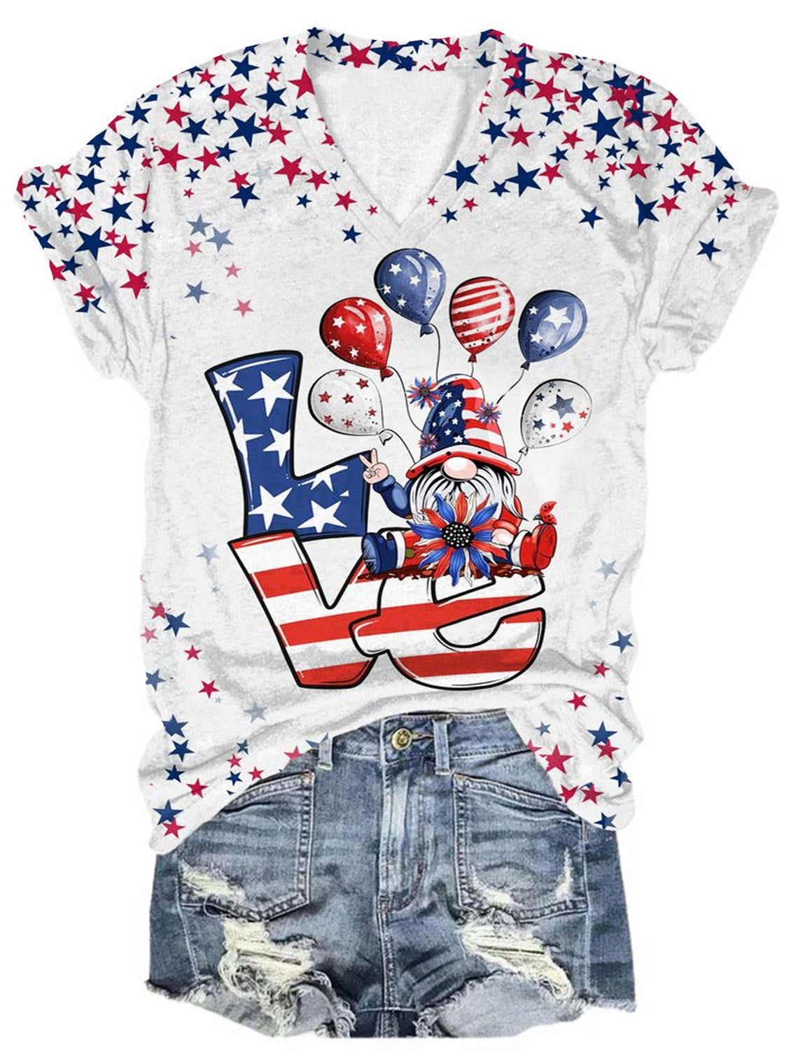 Love 4th of July Gnome Print V-Neck T-Shirt