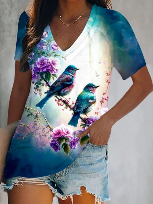 Purple Flower Birds Short Sleeve V Neck Print Top