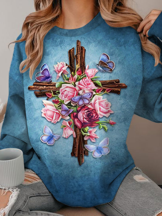 Wooden Floral Cross Long Sleeve Top