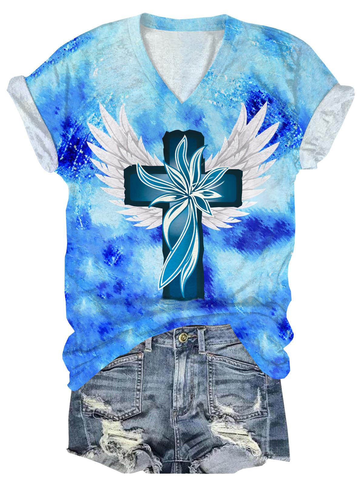 Blue Cross and Wings Print V-Neck Short Sleeve T-Shirt