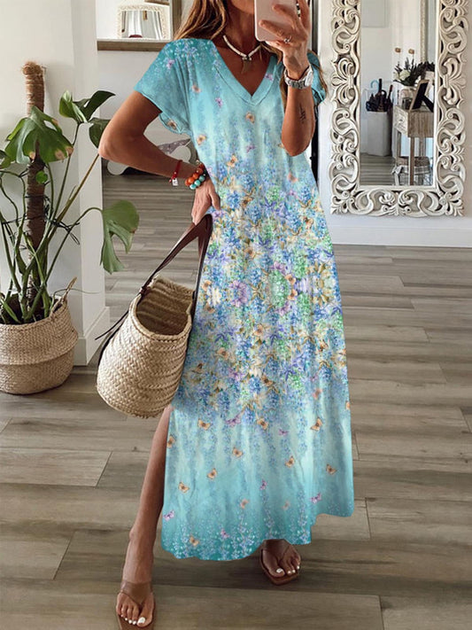 Flower Short Sleeve V Neck Maxi Dress