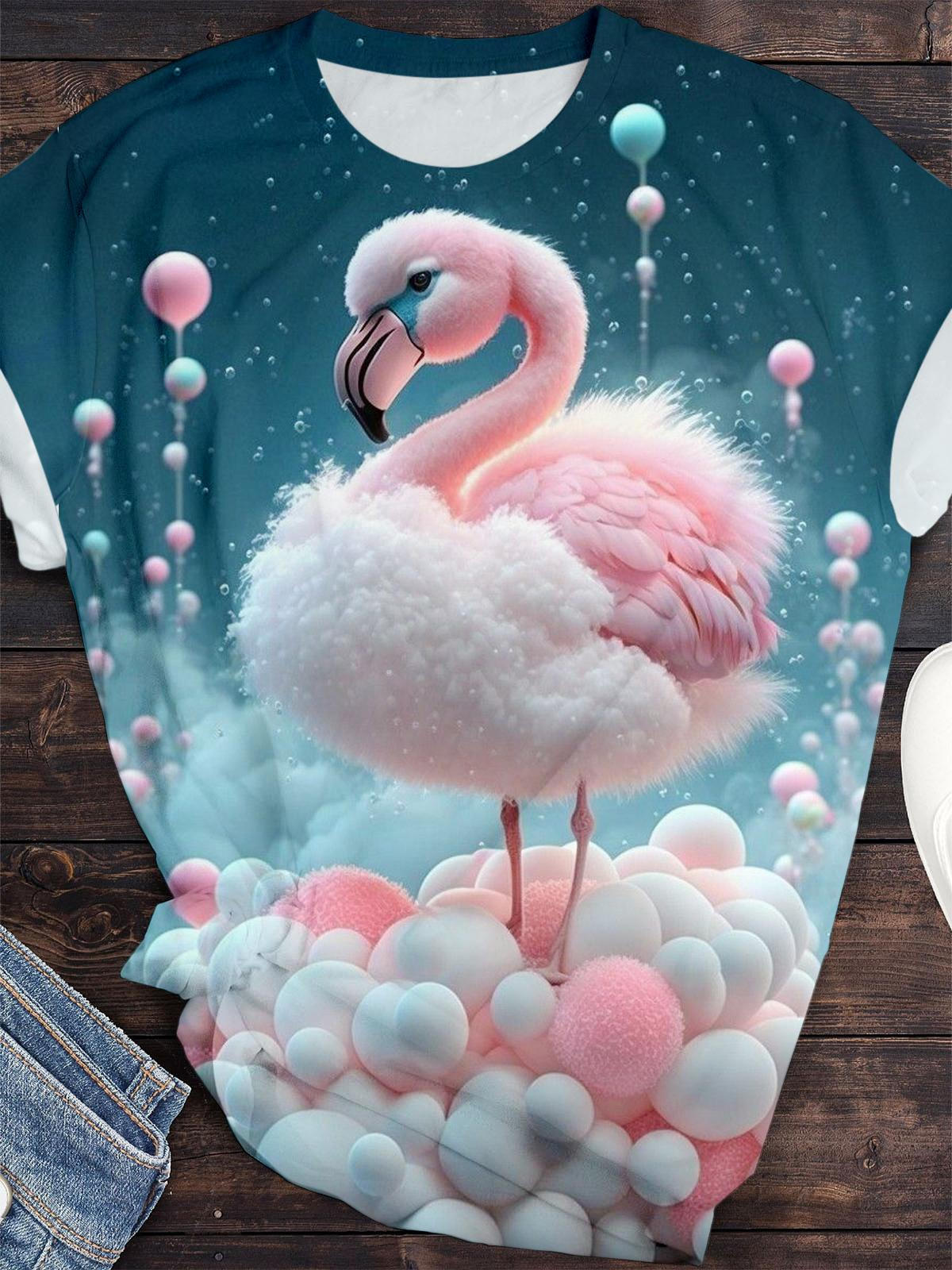 Flamingo Print Crew Neck T-shirt