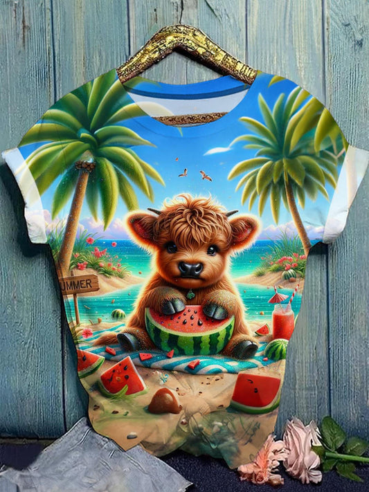 Summer Beach Highland Cow Crew Neck T-shirt