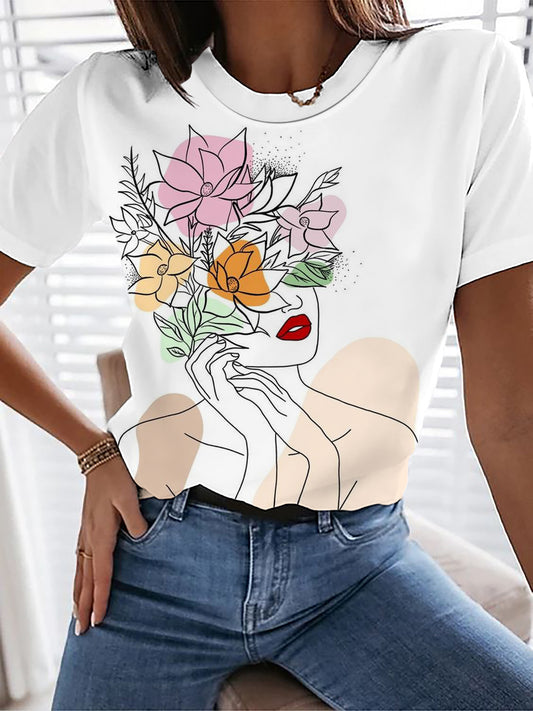 Floral Hat Lady Crew Neck T-shirt