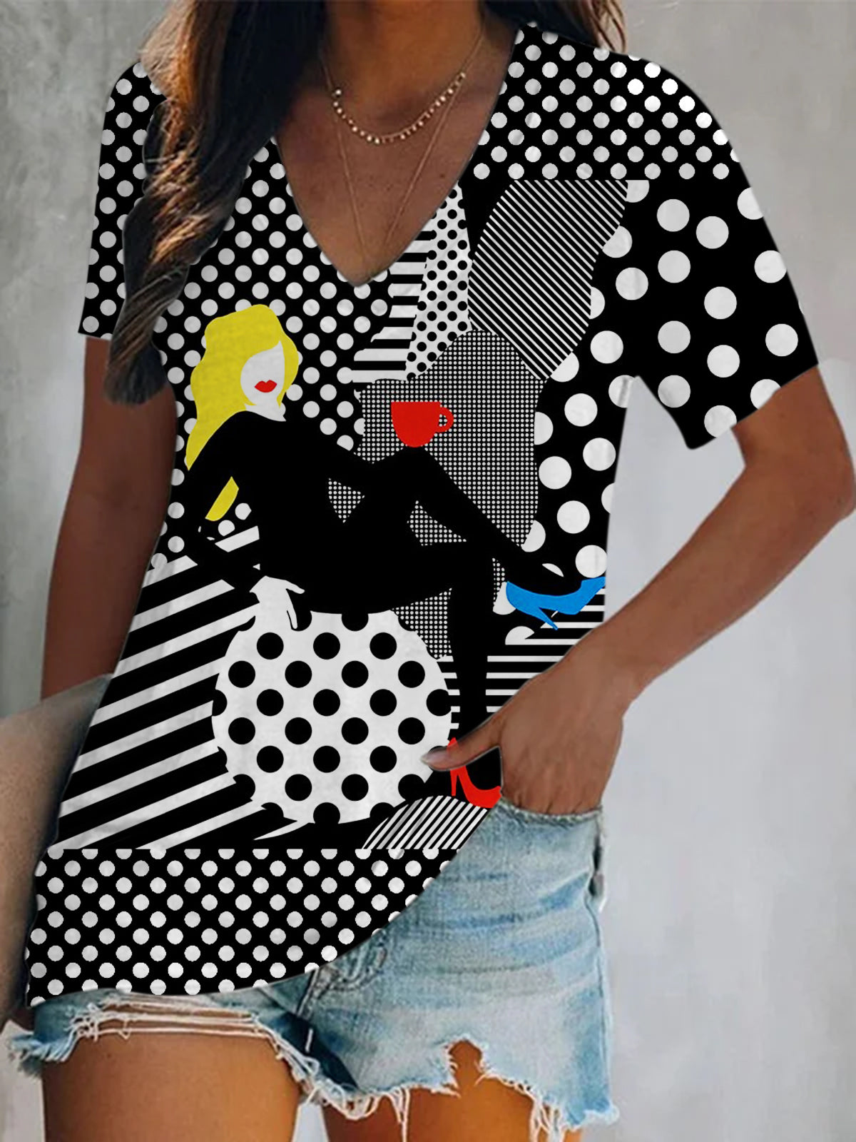 Abstract Figure Art Short Sleeve V Neck Print Top