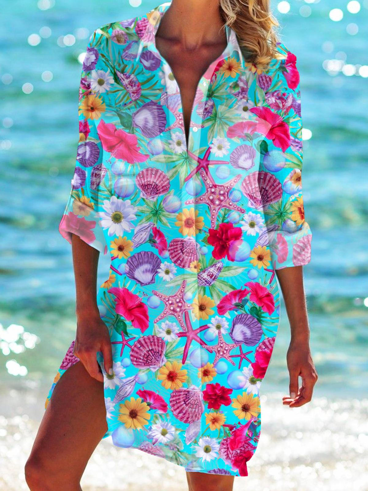 Shell Starfish Print Long Sleeve Beach Shirt Dress