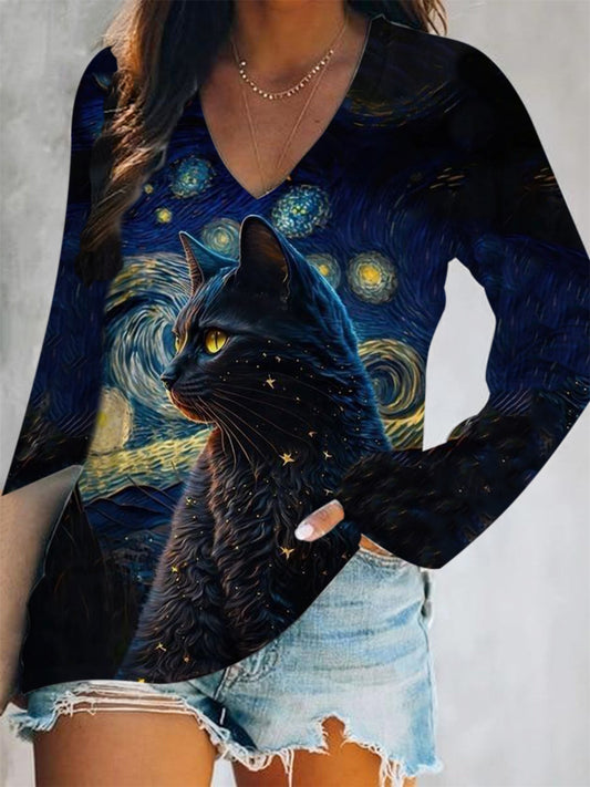 Women's Oil Painted Cat Art Print V-Neck Long Sleeve T-Shirt