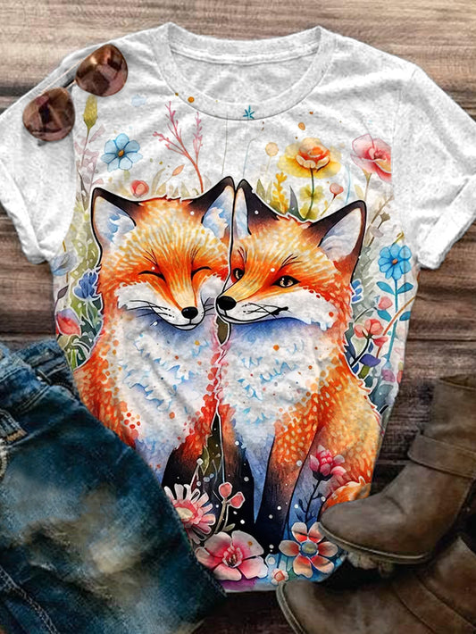 Flower Fox Crew Neck T-shirt