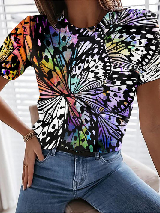 Colorful Butterfly Print Crew Neck T-shirt