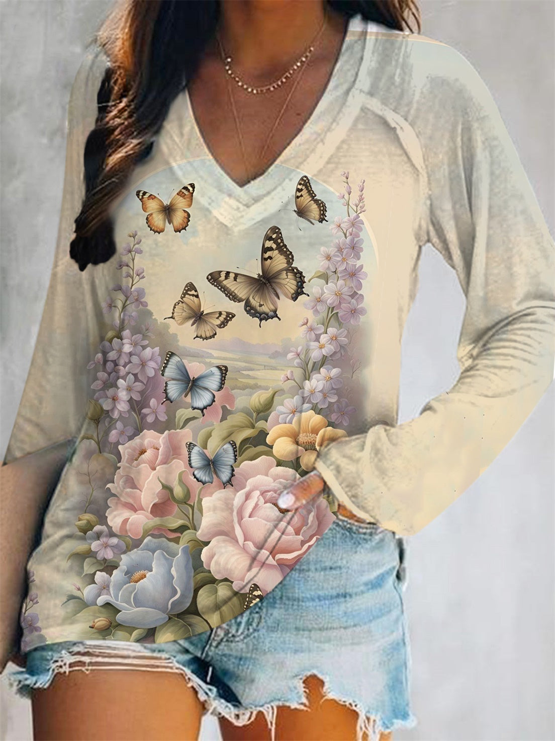 Women's Floral & Butterfly V-Neck Long Sleeve T-Shirt