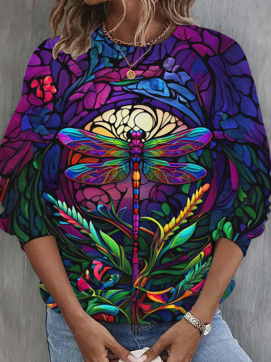 Colorful Stained Glass Dragonfly Long Sleeve Casual Top