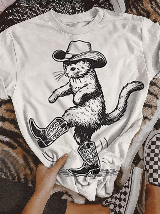 Cowboy Cat Print Crew Neck T-shirt