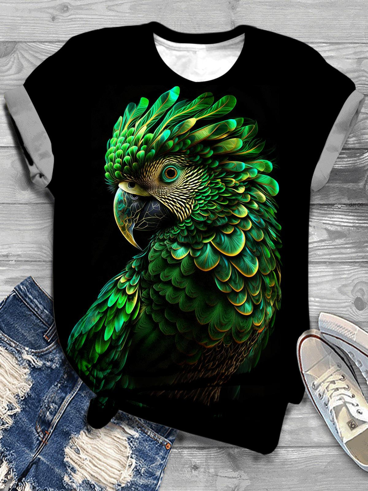 Emerald Green Macaw Print Casual T-shirt